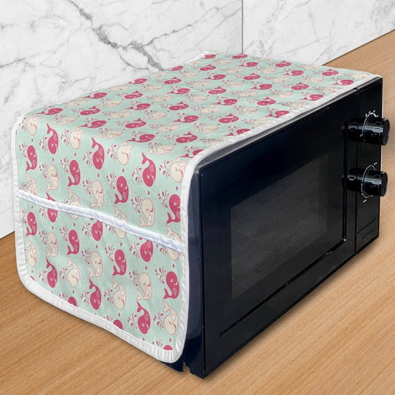 Whale Microwave Oven Cover, Happy Cheerful Whales Pattern in Soft Pastel Tone Effects Love Nature Image, Water Resistant Organizer with Pockets for Kitchen, 36" x 12", Mint Peach Pink, by Ambesonne