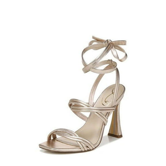 Sam Edelman Lonnie Champagne Metallic Spool Heel Square Toe Tie Up Heeled Sandal (Champagne Leather, 5)
