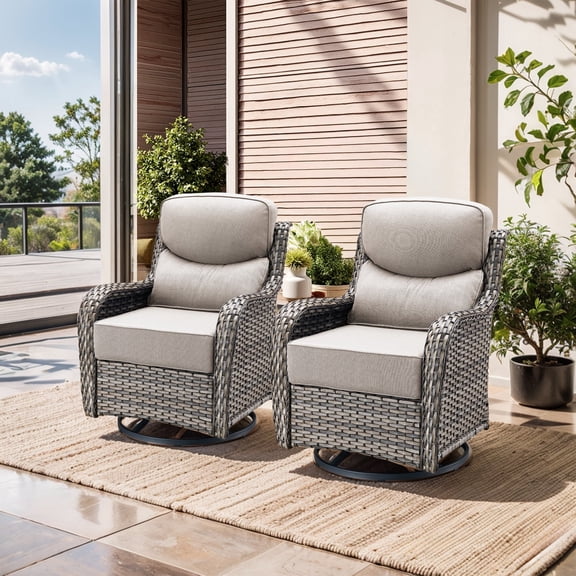 Gymojoy Luxury Outdoor Swivel Rocker Patio Chair with 6-Inch Thick Cushion, High Back Wicker Patio Rocking Glider, Ideal for Porch, Deck, Yard, Grey Wicker Beige Cushions