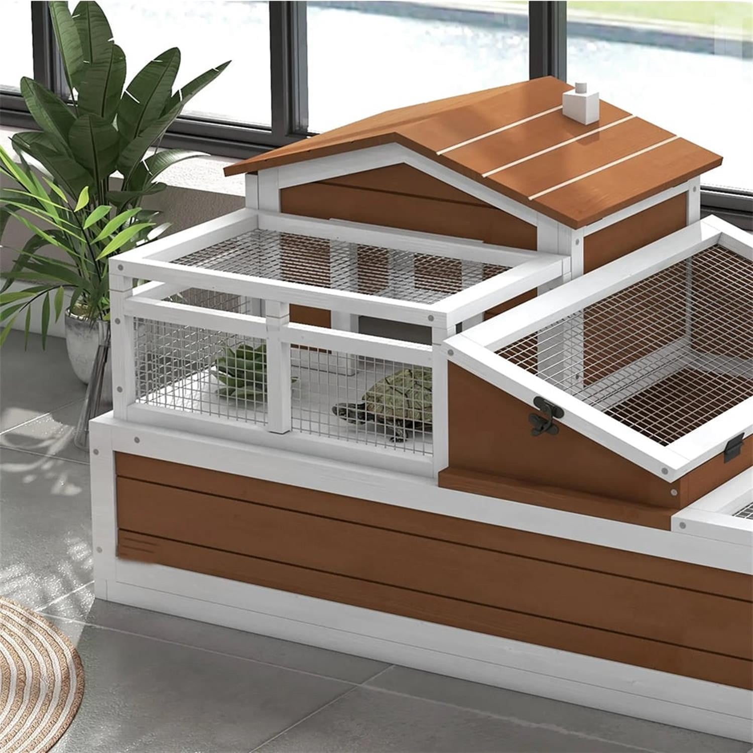 resenkos 44" Wooden 3-Room Tortoise House with Balcony & 2 Stories, Reptile Cage Enclosure for Turtles, Lizards, Snakes, Small Animal Habitats, Brown
