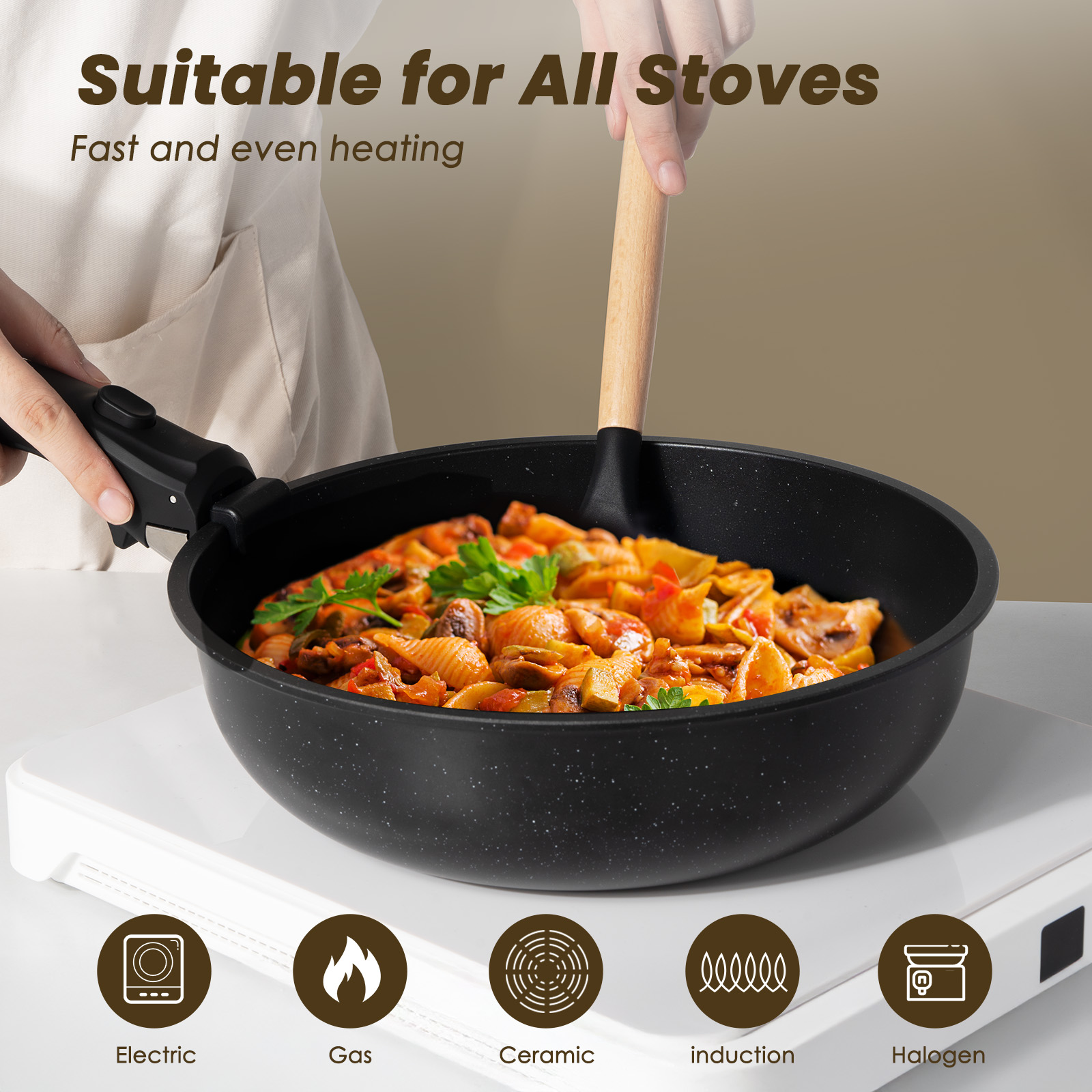 Kikcoin 19-Piece Nonstick Pots and Pans Set, Non-Toxic Coating Cookware Set with Removable Handles, Induction/Oven Safe(Black)