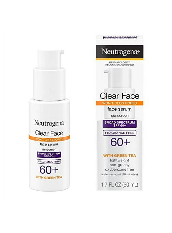 Neutrogena Clear Face Serum Sunscreen with Green Tea, Broad Spectrum SPF 60+, Non-Comedogenic Face Sunscreen for Lightweight UVA/UVB Protection, Oxybenzone- & Fragrance-Free, 1.7 fl. Oz