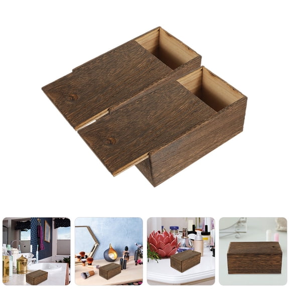 ibasenice Set of 2 Small Wooden Boxes with Sliding Lids Brown Wood Jewelry Organizer and Trinket Storage Case for Home Decor