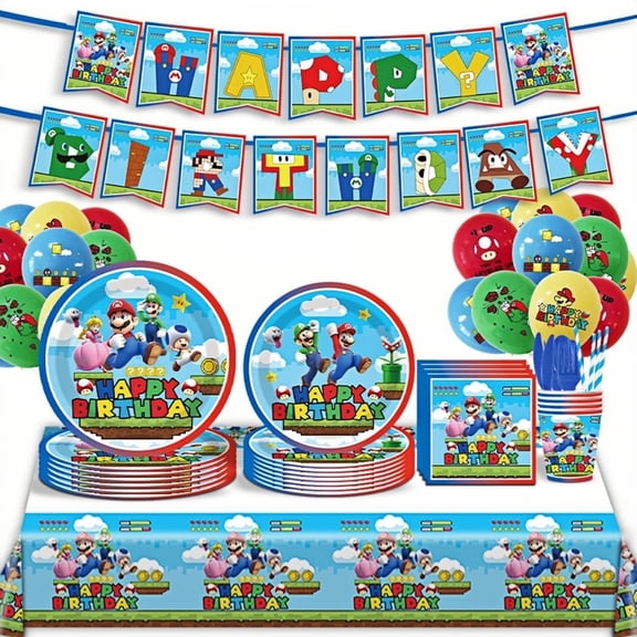 92PCS Super Marie Cartoon Design Disposable Tableware Kit for Anime Themed Birthday Parties - 10-Piece Paper Plates and Cups Set
