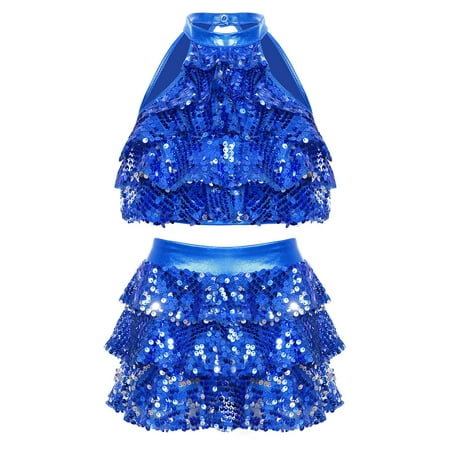 Alvivi Kids Girls Shiny Sequin Halter Neck Crop Tops wirh Skirt Set for Jazz Modern Dance Costume Royal Blue 9-10