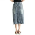 thumbnail image 2 of YM YOUMU Women Floral Embroidery Denim Skirt Drawstring Elastic Waist Side Slit Jean A Line Midi Skirt, 2 of 4