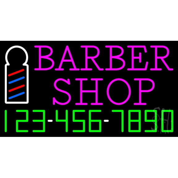 Pink Barber Shop with Phone Number LED Neon Sign 13 x 24 - inches, Black Square Cut Acrylic Backing, with Dimmer - Bright and Premium built indoor LED Neon Sign for Defence Force.