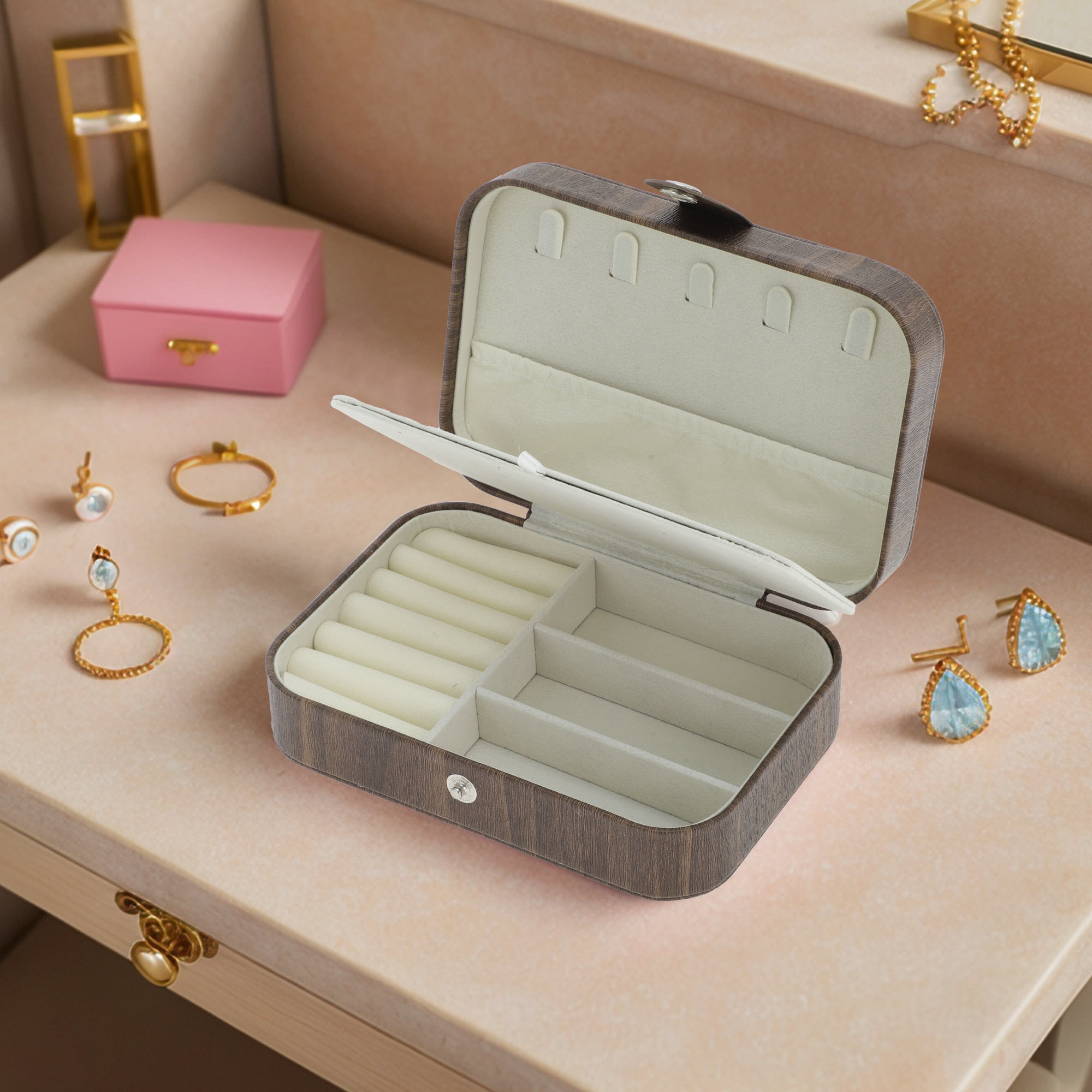 Unique Bargains Portable Jewelry Box PU Organizer Beige Deep Brown