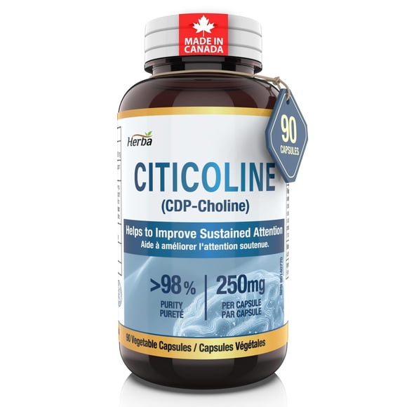 Herba Supplément de Citicoline 250 Mg – 90 Capsules / >98 % CDP Choline Ultra Pure / Fabriqué au Canada