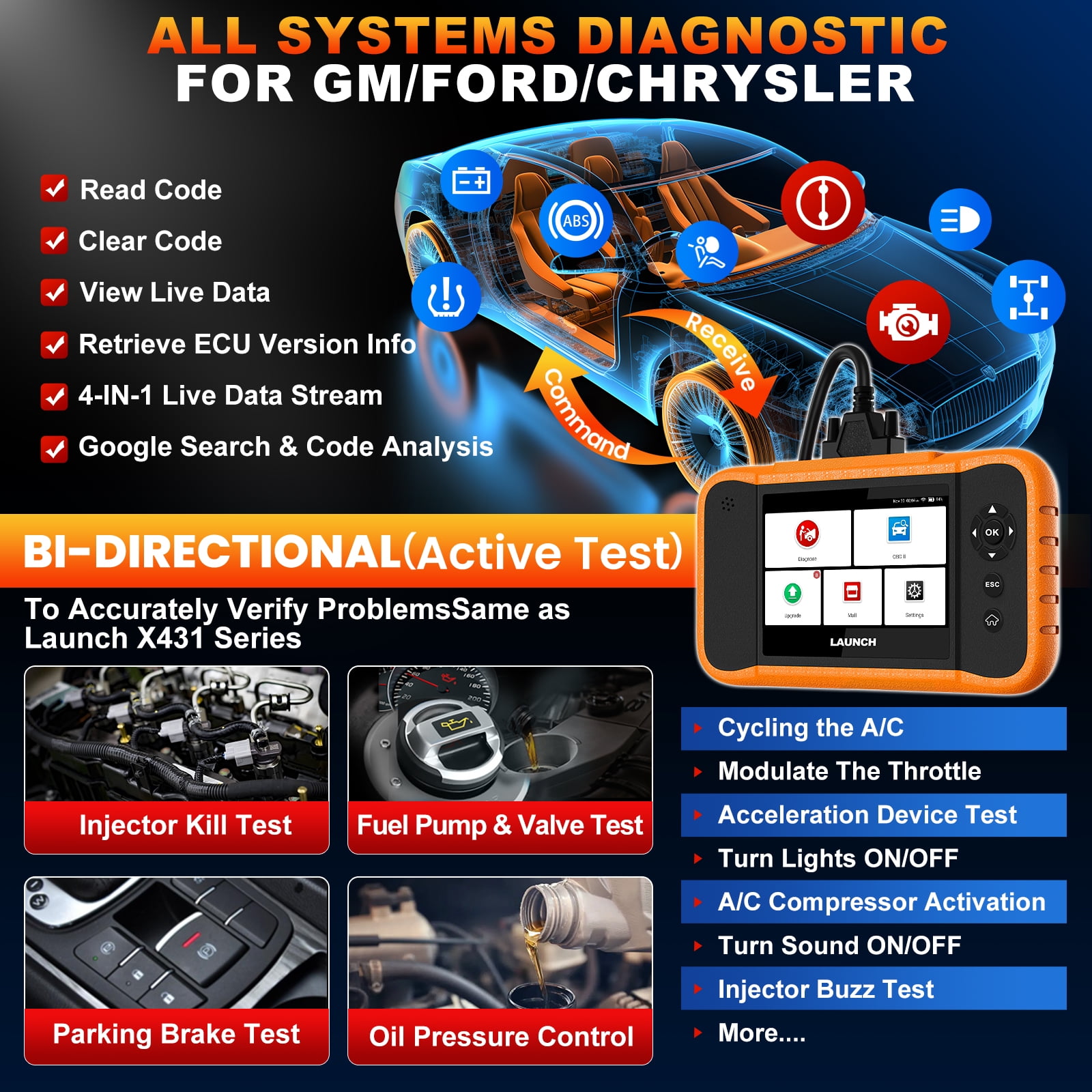 LAUNCH X431 Creader Elite 2.0 for Ford, GM, Chrysler,FGC Car Scan Tool All Reset Full System Diagnostic Scanner with Bi-Directional , AUTOVIN, Lifetime Free Update