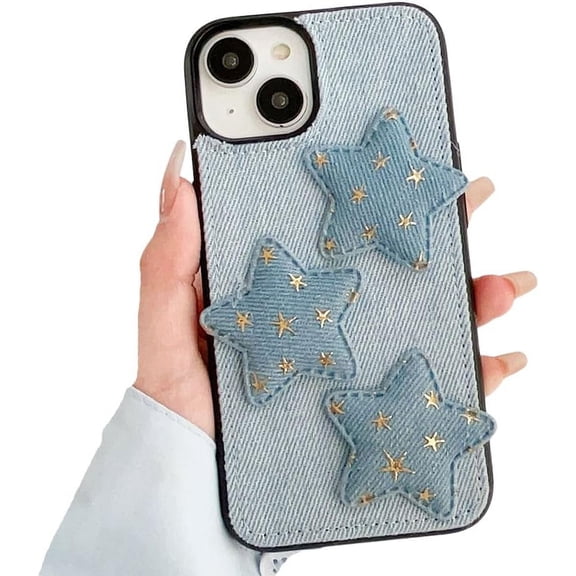 for iPhone Case,Cool Denim Fabric Embroidery 3D Star Silicone Camera Lens Protection Soft Shockproof Phone Case (Blue,iPhone 13 Pro)