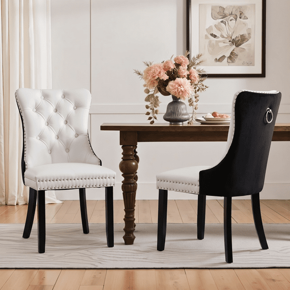 EHANCIS Modern Tufted PU Leather & Velvet Upholstered Dining Chairs, Set of 2, Kitchen Side Chairs with Nailhead Trim & Solid Wood Legs, White/Black
