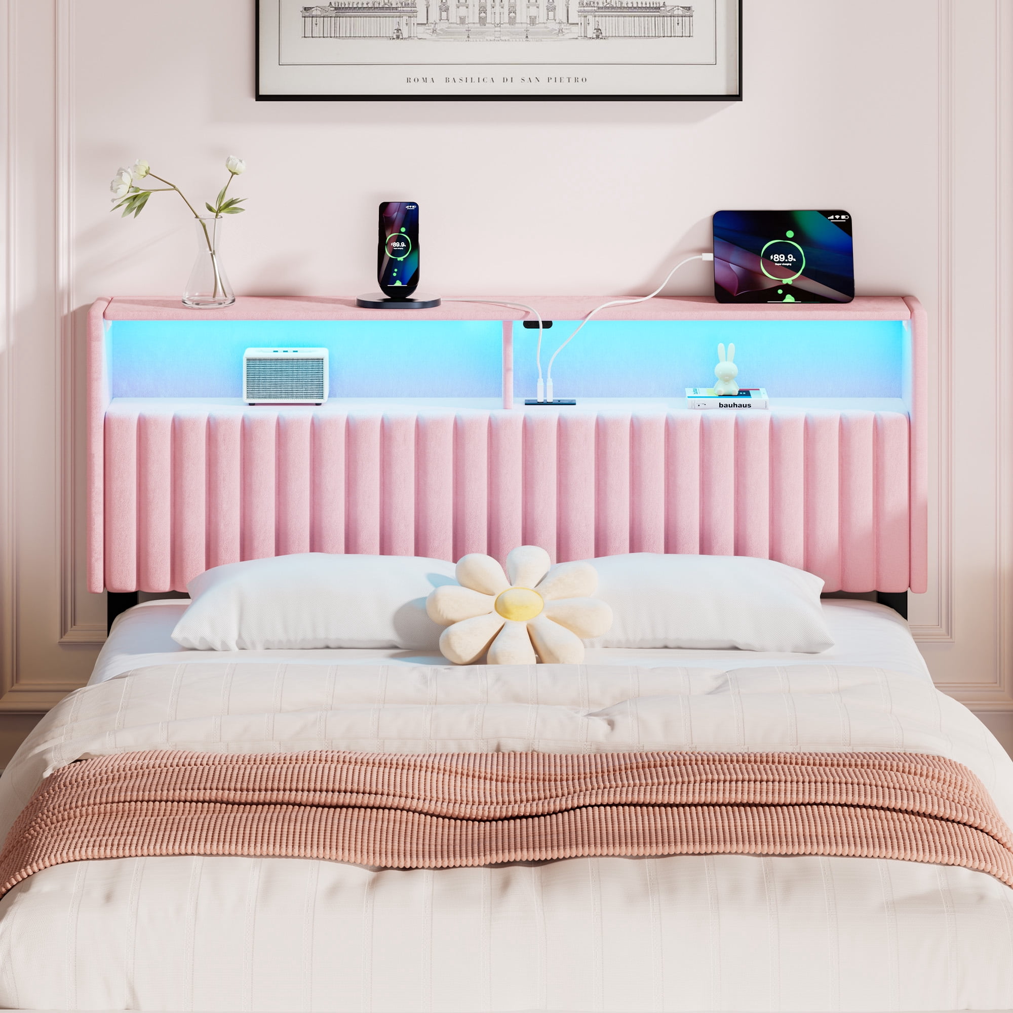 Greenstell Full Size Adjustable Storage Headboard Only - Modern Upholstered Head Board with LED Lights, Charging Station & Soft Padding, Pink