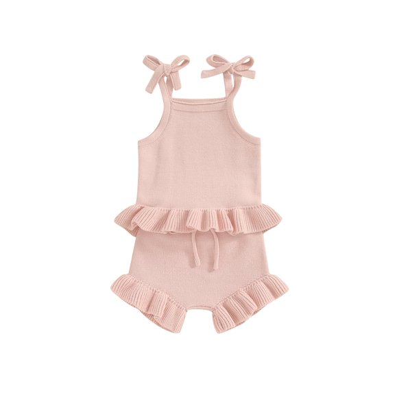 Bslissey Baby Girls 2Pcs Knit Outfits Solid Color Sleeveless Cami Tops with Drawstring Elastic Ruffle Shorts 3M 6M 12M 18M Infant Toddler Casual Short Pants Sets