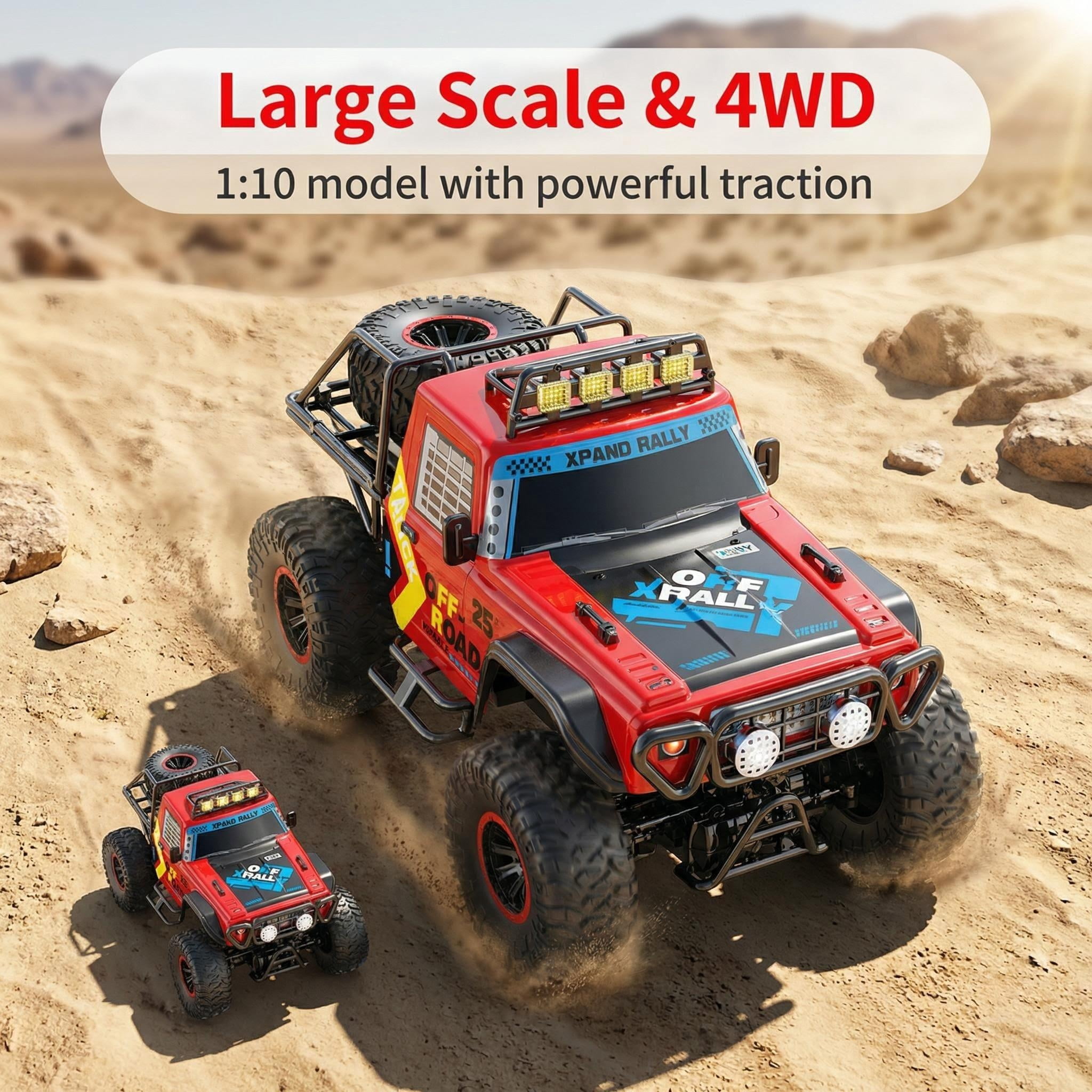 HNH 1:10 Big Remote Control Car for Kids, 4WD Off Road Rc Car Monster Truck with LED Light, Music, 25KM/H, 2 Batteries