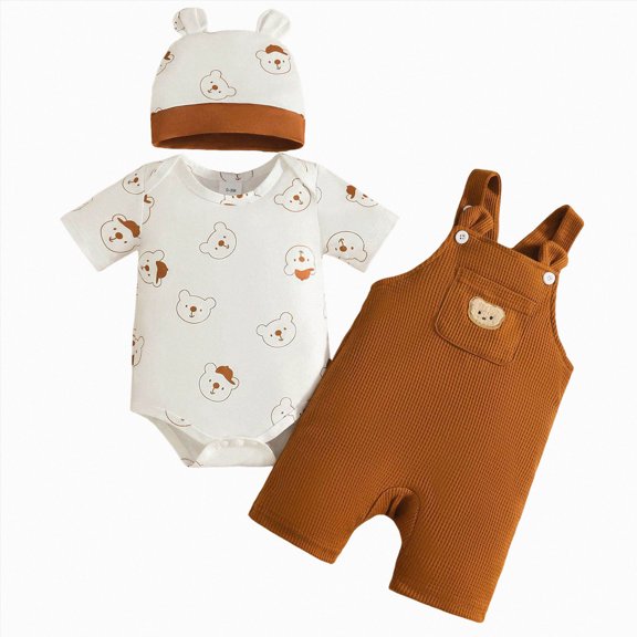 CAICJ98 Baby Boy Clothes Short Sleeved Cute Cartoon Romper Shorts Hat Overalls Suspender 3 Pcs Outfits Set (Coffee,12-18 Months)