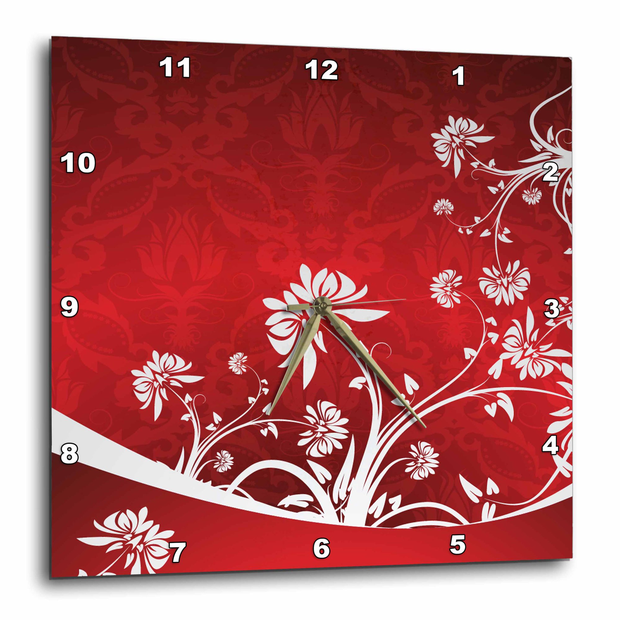 3drose, Elegant Silvery White Floral Design on Red Gradient Damask Flower Background, 10x10 Wall Clock