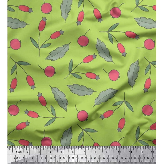 Soimoi Green Rayon Crepe Fabric Red Berries Fruits Print Sewing Fabric Yard 46 Inch Wide