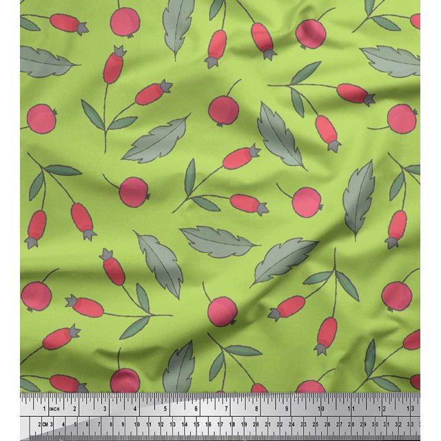 Soimoi Green Poly Georgette Fabric Red Berries Fruits Print Fabric by the Yard 52 Inch Wide