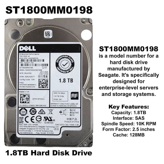 Open Box Dell PowerEdge 1.8TB 10K SAS 12Gb/s 2.5" Hot-Swap Server Hard Drive - RVDCJ