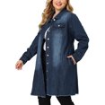 thumbnail image 1 of Women's Plus Size Jeans Jackets Long Sleeve Raw Hem Long Denim Jacket Dark Blue 1X, 1 of 7