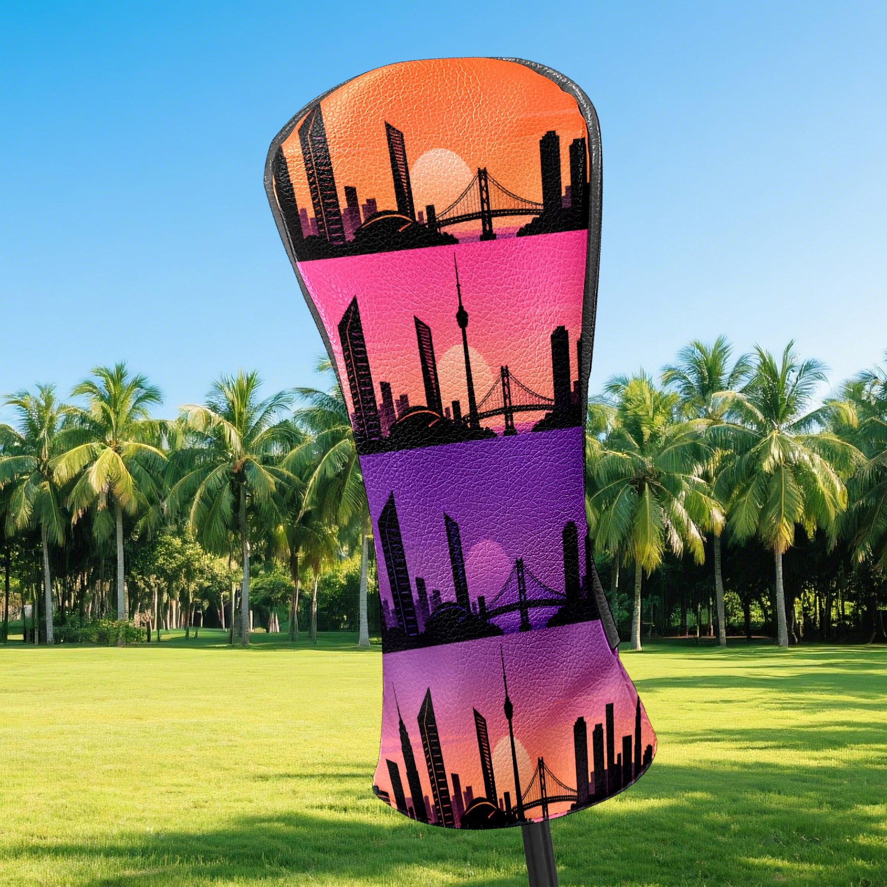 Golf Club Covers, Purple CitySkyline Premium PU Leather Driver Hybrid Putter Head Covers with Velvet Lining, Waterproof Golf Gifts for Men Women