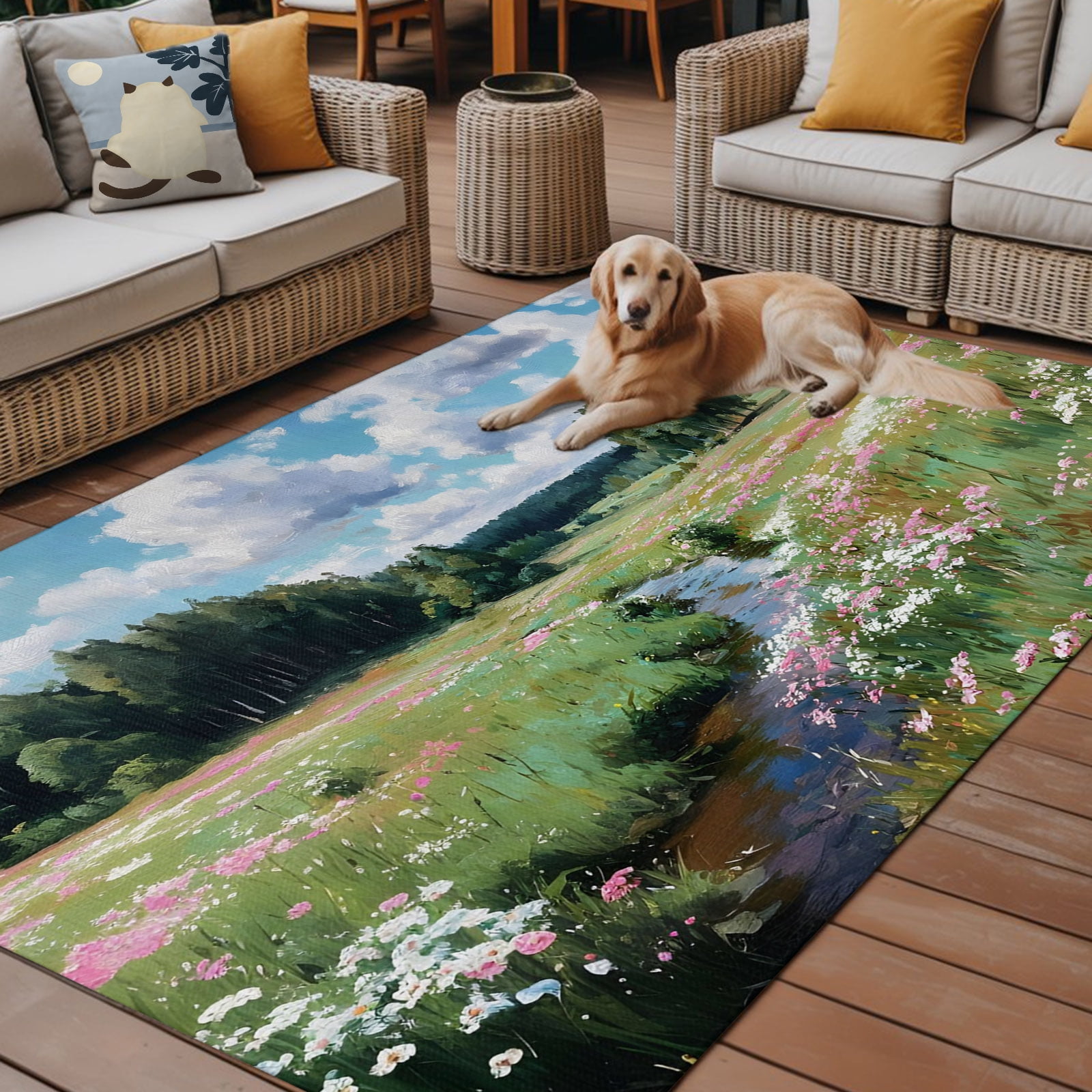 Outdoor Rug for Patio 3 x5  Pastoral Forest Stream Meadow Non-Slip Area Rugs Washable Carpet Indoor Rug Natural Forest Oil Painting Art Non-shedding Floor Mats for Porch Living Room Deck