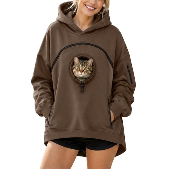 Fsqjgq Women Brown Pet Pouch Hoodie, Cat Cuddle Hoodies, Fleece Kangaroo Pocket Dog Pouch Sweatshirts