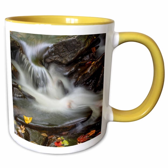 3drose, Pennsylvania, Ricketts Glen State Park. Waterfall with Autumn Leaves, 11oz Two-tone Yellow Mug