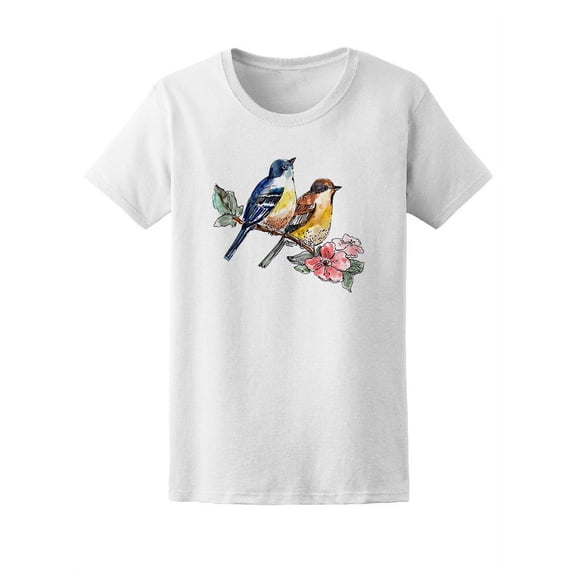 Cute Floral Watercolor Birds T-Shirt Women -Image by Shutterstock, Female Medium