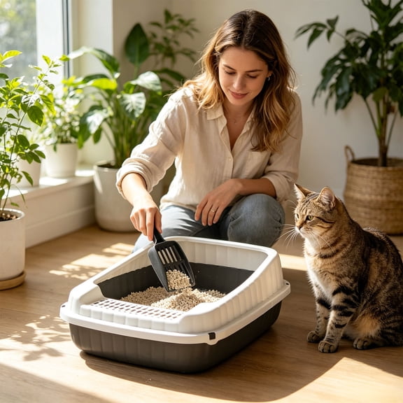 Semi Enclosed Cat Litter Box with Scoop, Low Entry Kitten Toilet with Spill Guard, Easy Clean Detachable Poop Pan for Young Cats, Large Interior Kitty Waste Basin for Home, 1 Pack, Black