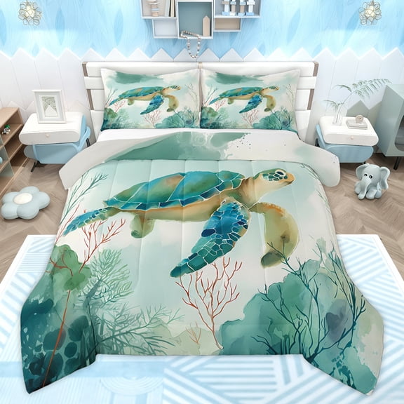 Homewish Turquoise Sea Turtle Bedding Comforter Set, Watercolor Ink Coral Twin Comforter Sets, Teens Kids Boys Girls Reversible Bedding Set, Breathable Home Decor, 2 Pieces