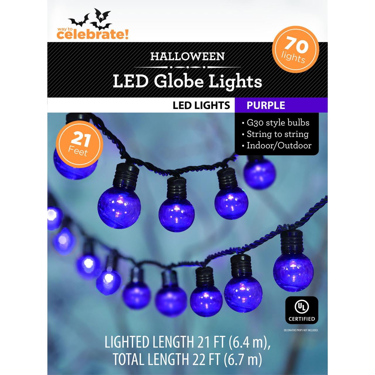Purple Lights, 70CT, LED G30 Globes, 21ft, Halloween Indoor/Outdoor Lights, by Way To Celebrate