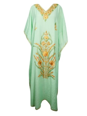 Mogul Women's Maxi Kaftan With Ari Embroidered Floral Kimono Sleeves See Green Summer Comfy Long Dress 3X