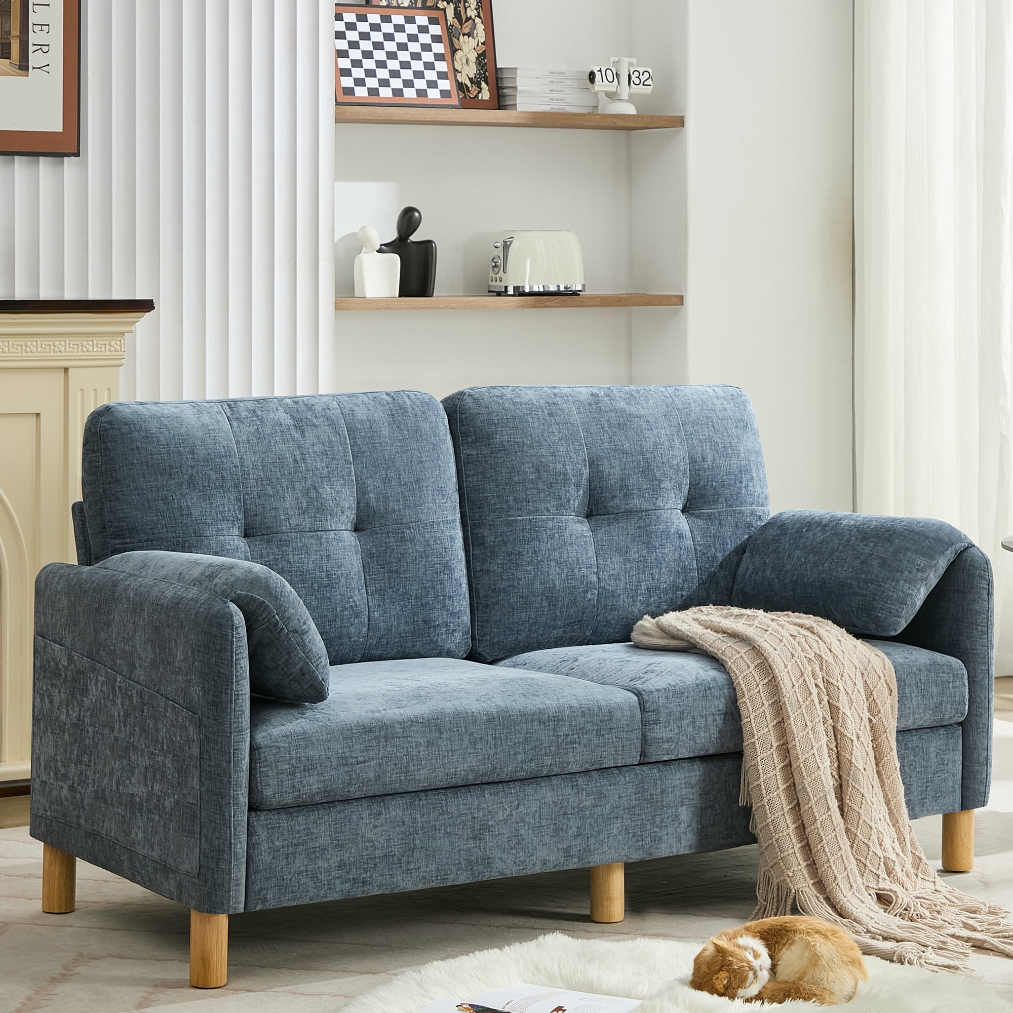 65" Chenille Loveseat Sofa, Modern 2-Seater with Armrest Pillows & Side Storage Pockets, Tufted Upholstered Loveseat for Living Room or Bedroom, Blue
