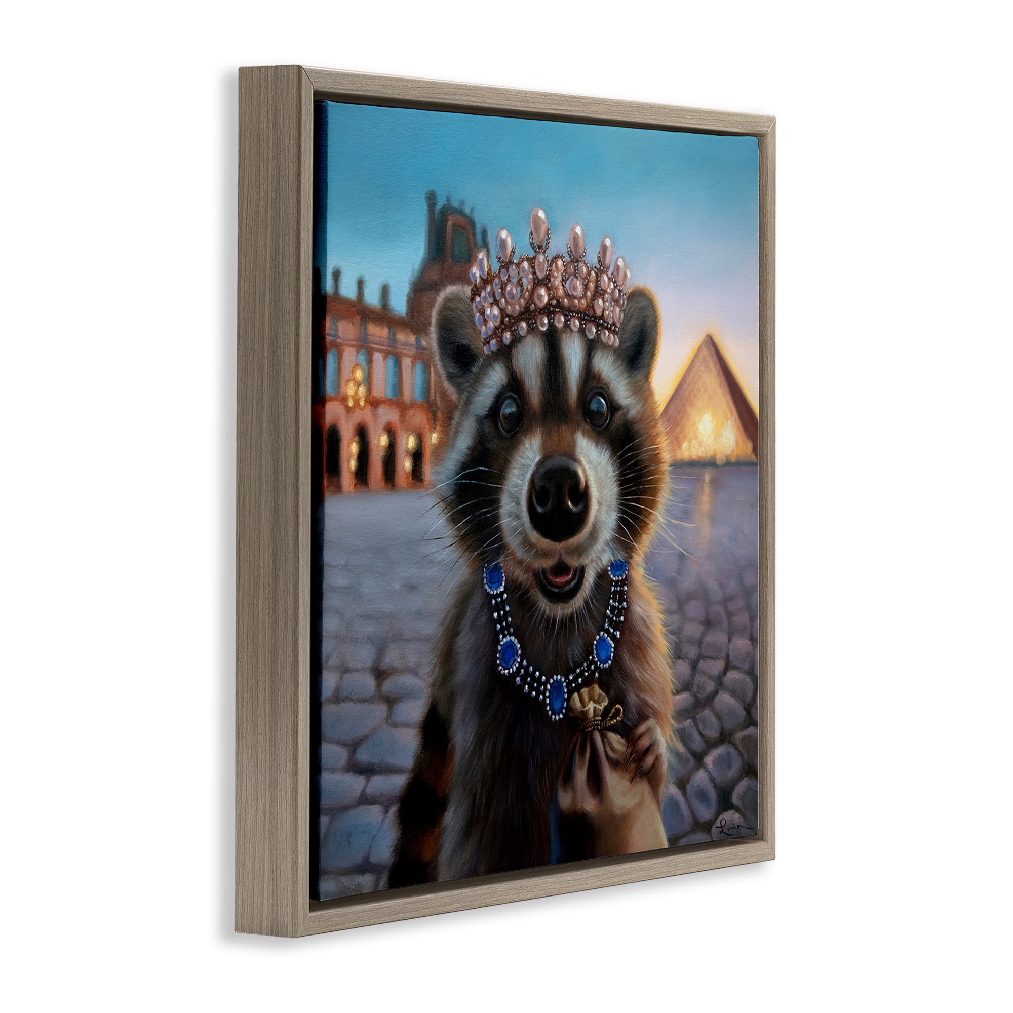 Stupell Industries Louvre Loot Raccoon Brown Framed Floater Canvas Wall Art, design by Lucia Heffernan