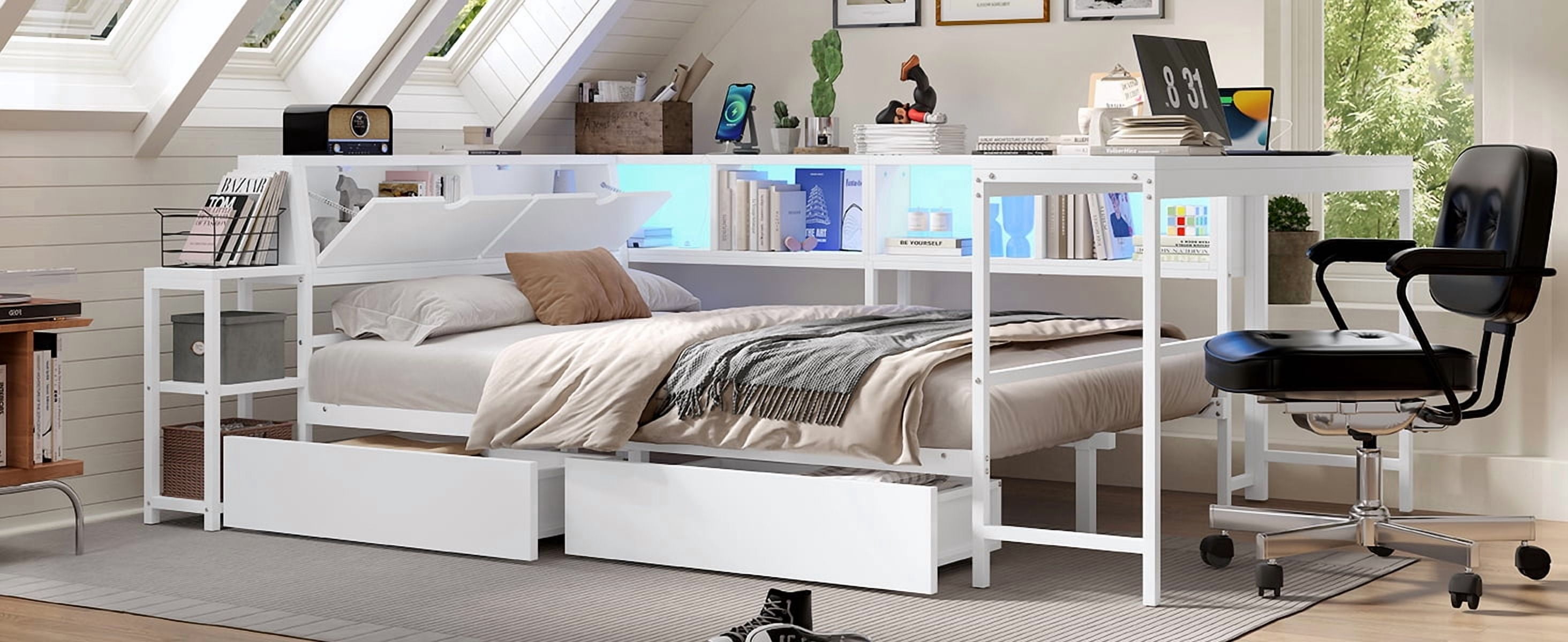 Mintazer Queen Corner Daybed with Desk & Bookcase, Platform Bed Frame with LED Lights & Charging Station and 2 Drawers for Bedroom Living Room, White
