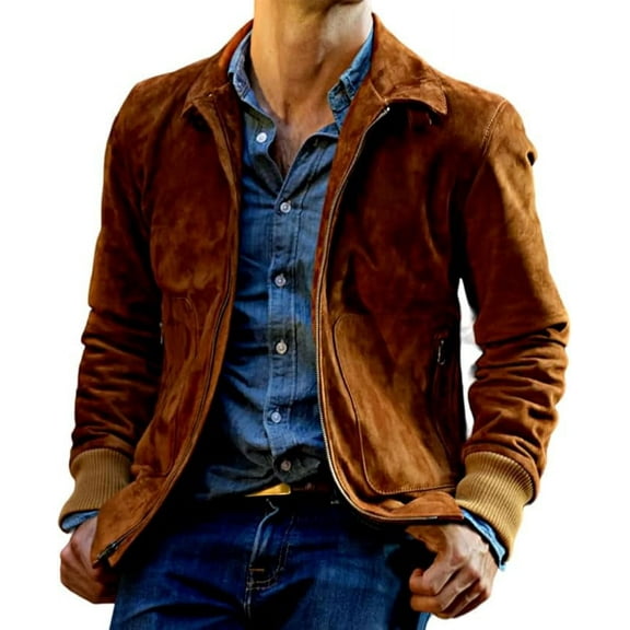Men Dark Tan Suede Leather Bomber Style Jacket with Collar A293