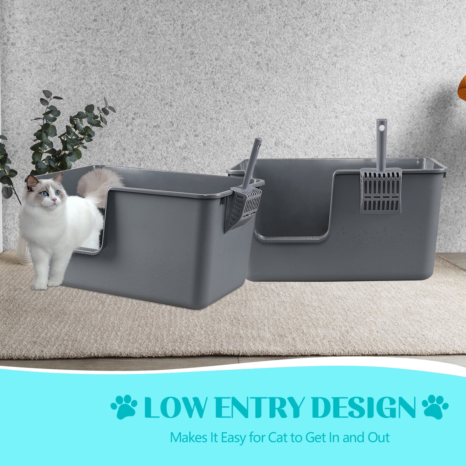 Doryh 2-Pack Plastic Cat Litter Box High Sides, Large Cat Litter Box Basin with Scoop, Gray