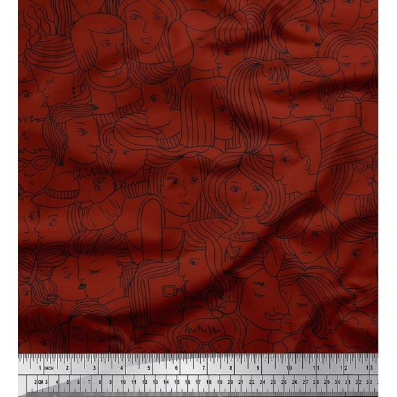 Soimoi Red Modal Satin Fabric Human Face Print Fabric by Yard 42 Inch Wide