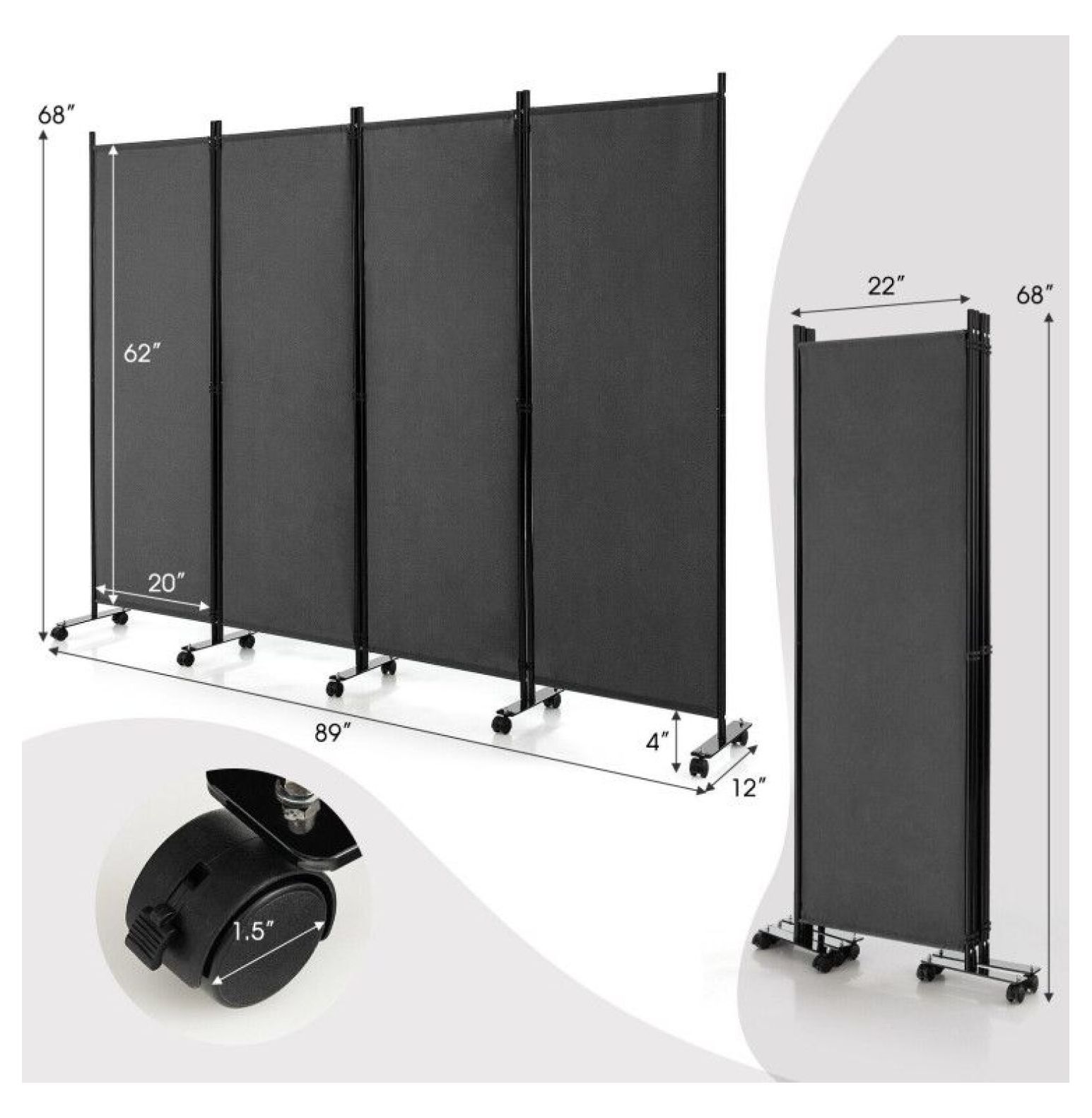 Yunken 4-Panel Room Divider with Locking Casters, 5.6 Ft Steel Frame Folding Screen for Bedroom & Office Use