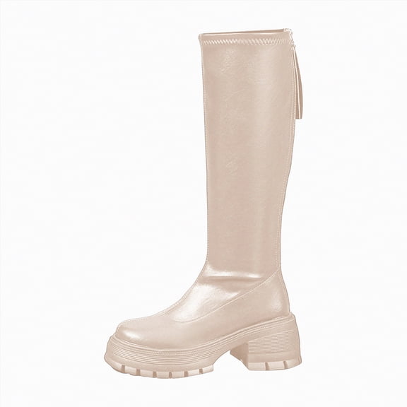 UngA Woman's Boots Round Toe Pull On Biker Boots Stacked Chunky Heeled Riding Boots Women's Comfort Leather Tall Mid-Calf Boots for Women Beige,Size 8.5