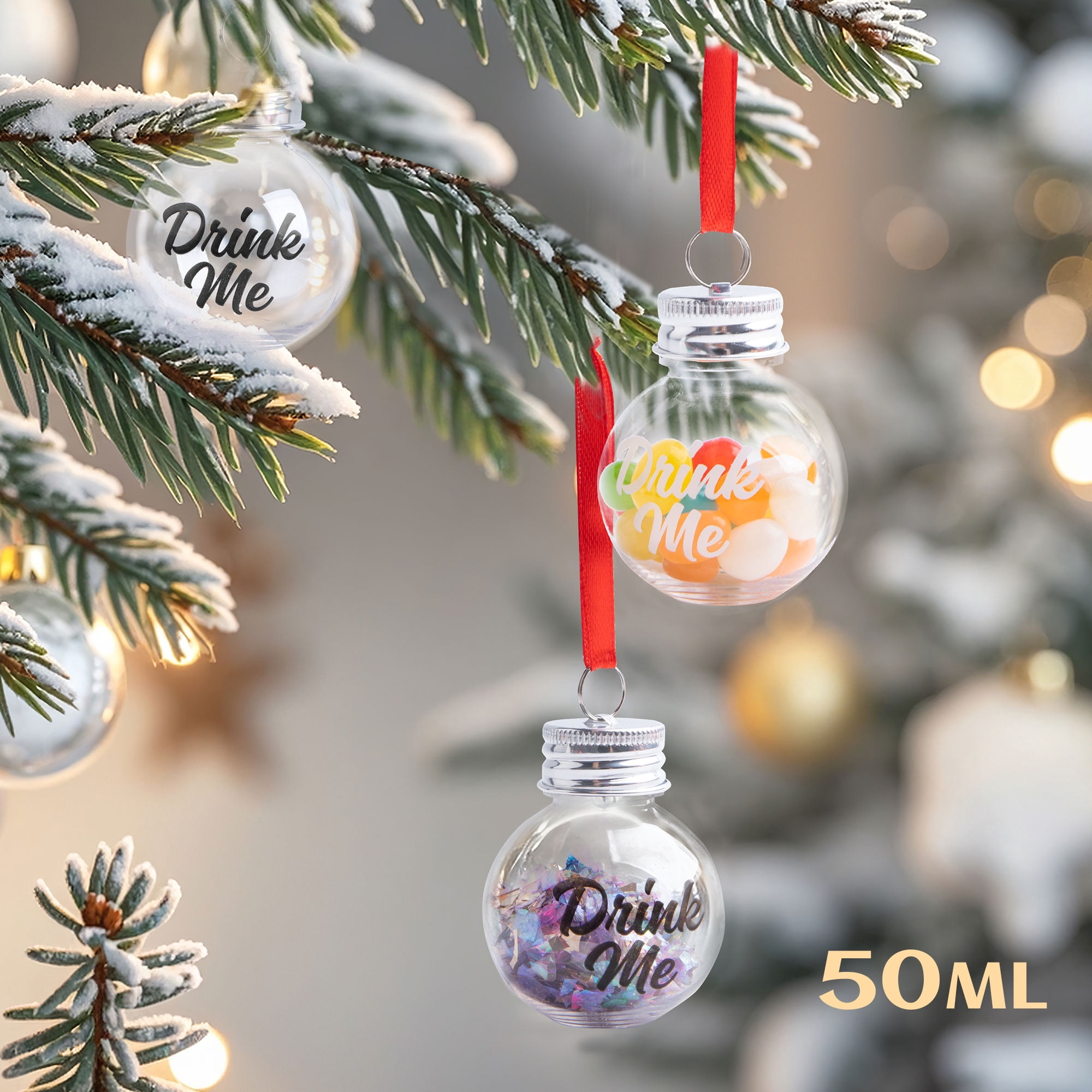 Fillable Clear Plastic Ornament Balls, 50ml Hanging Decorations for Christmas Tree, 6 Pack
