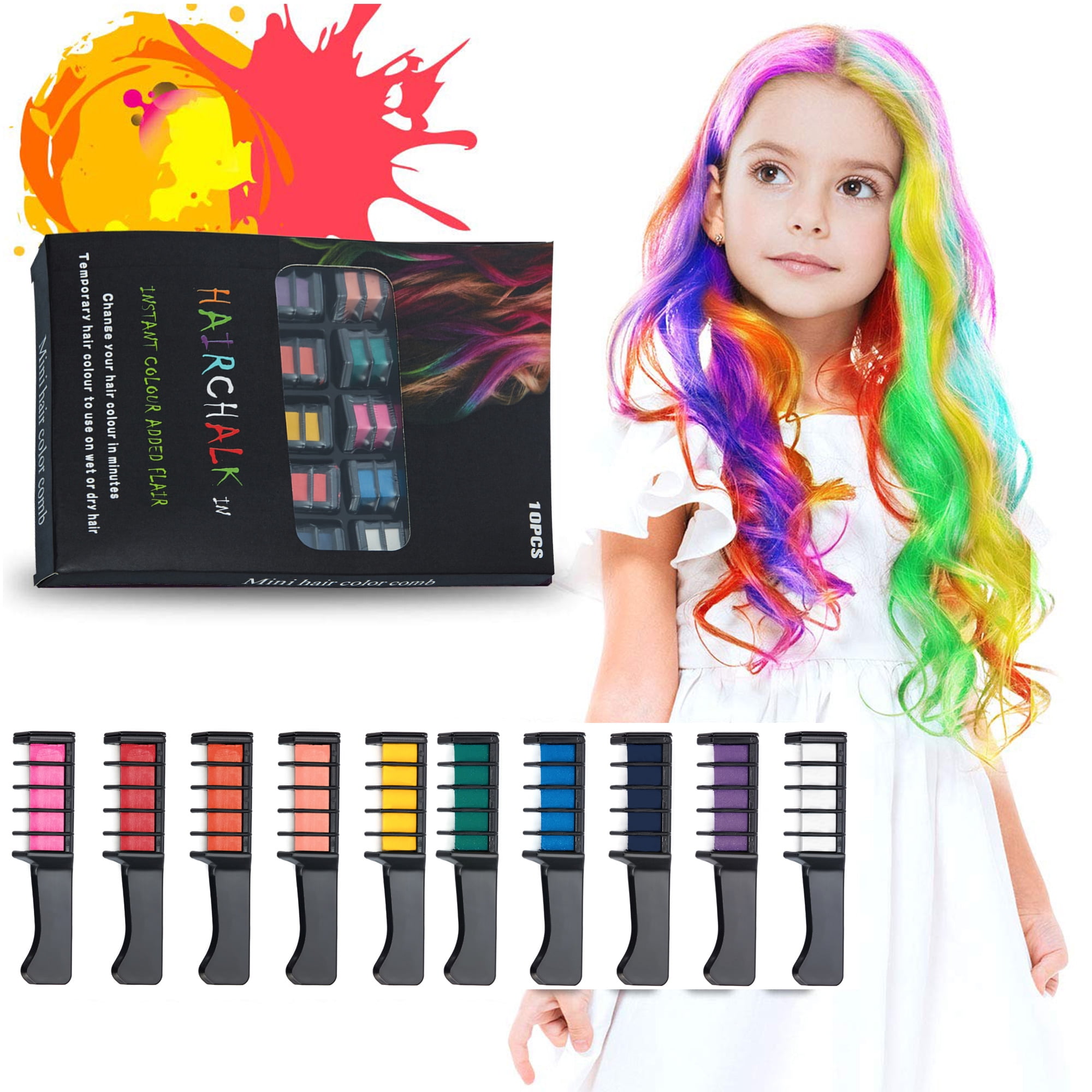 Hair Chalk Comb, Bright 10 Colors Temporary Hair Dye Marker Birthday Gifts,  Washable Hair Dye for Adults, Girls,Kids 8 9 10 11 12 year old 