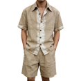 thumbnail image 6 of Migroa Men's Linen Shirts Shorts Outfits Beach 2 Pieces Sets Button Down Suit Casual Summer Tracksuit Vacation Clothes Matching Outfits Khaki M, 6 of 8