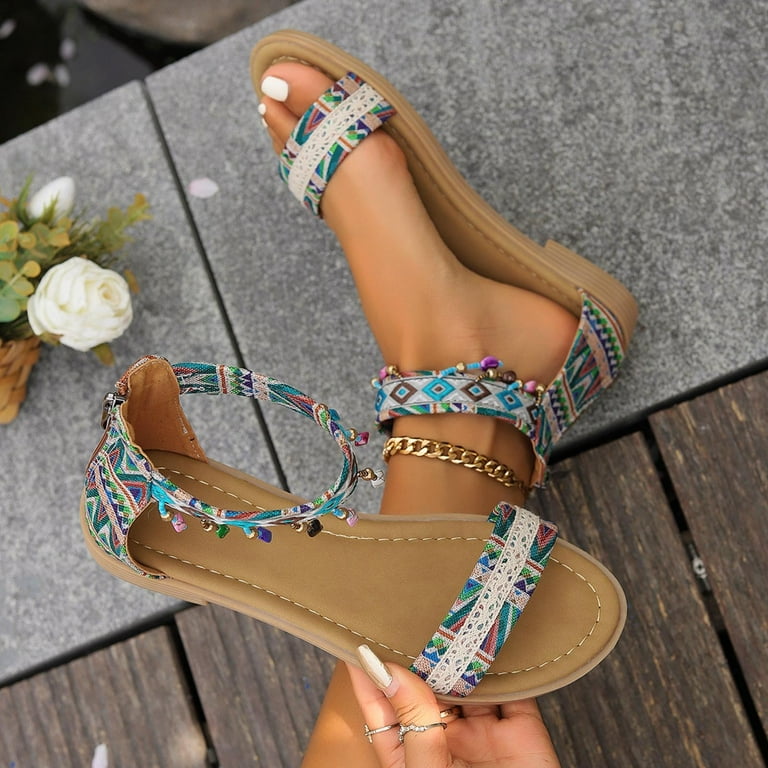 MKJLWJ Women s Summer Fashion Bohemian Style Open Toe Embroidery Patchwork Sandals Casual Comfortable Back Zipper Sandals Womens Slide on Sandals Work Sandals for Women Cute Sandals for Women Sparkly ...