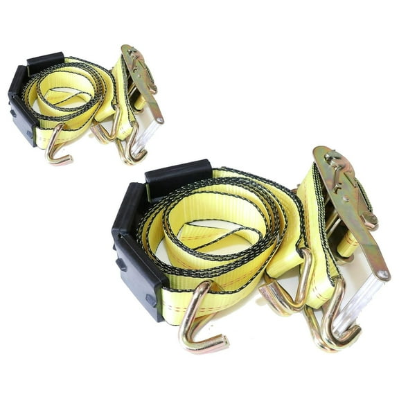Heavy Duty Double J Hook Wheel Strap with Ratchet - Over Tire Wire Hook Car Hauler Tie Down - Auto Transporter Trailer Strap with Steel Ratchet - Working Load Limit of 3330 LB (2 Pack)
