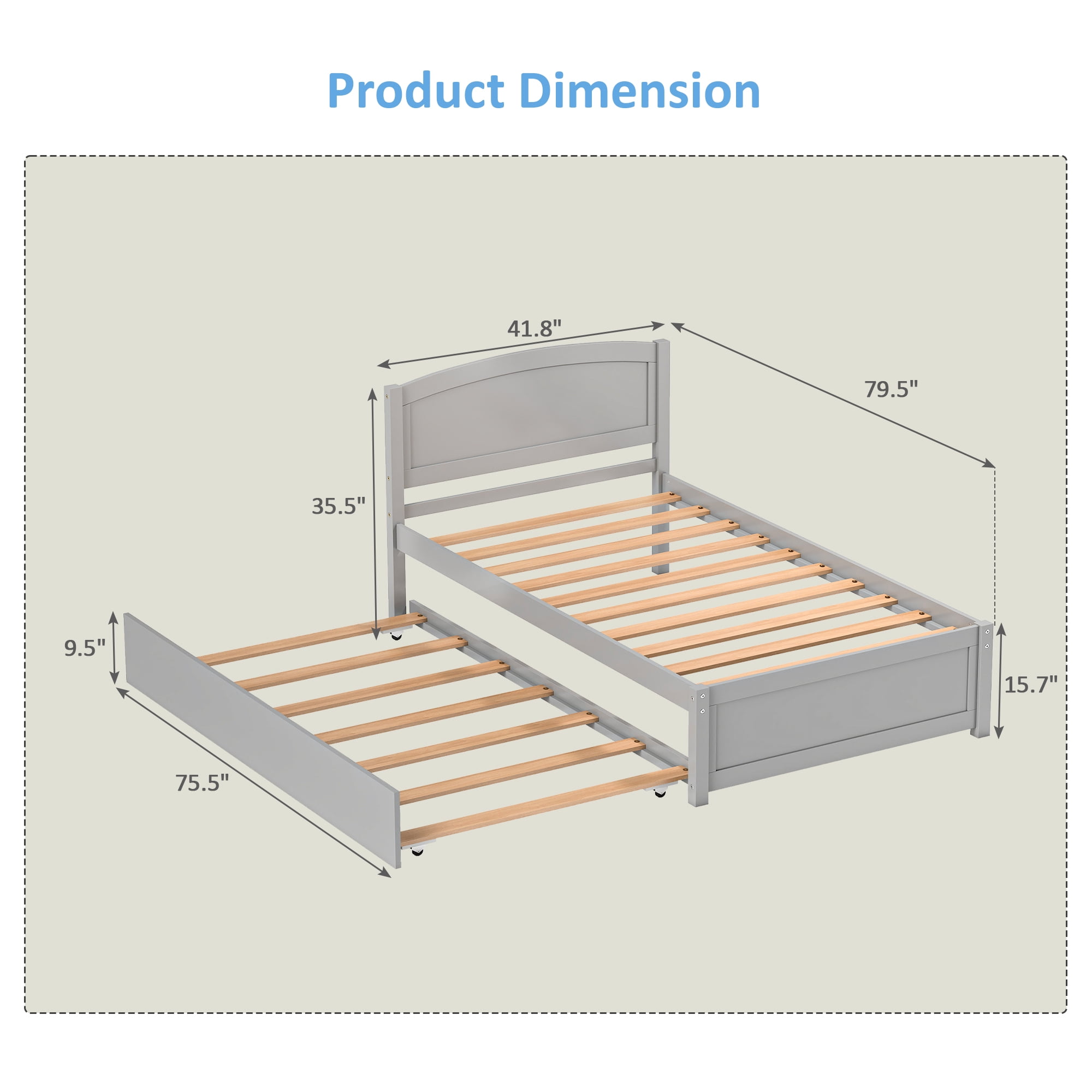Guqiart Twin Size Trundle Bed Frame, Solid Wood Construction with Headboard, Roll Out Trundle & Wood Slat Support, Single Platform Bed No Box Spring Needed