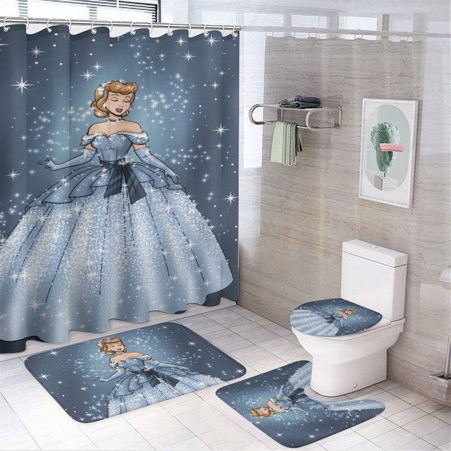 Juego de 4 cortinas de ducha de Cenicienta con alfombras antideslizantes, tapa de inodoro y alfombrilla de baño, cortina de ducha impermeable con decoración de dibujos animados para baño con 12