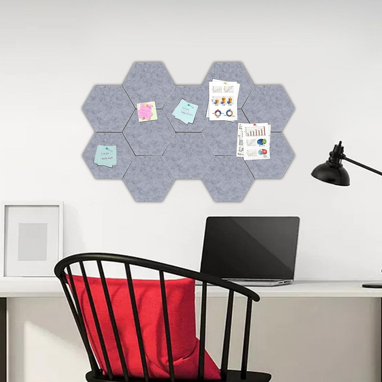 Hexagon Cork Board Tiles,Gray Felt Hexagon Tile Board for Wall Decor,Self Adhesive Wall Bulletin Boards for Notes,Photos,Memo,Pin Board,Office and Home Decor,12 Pieces